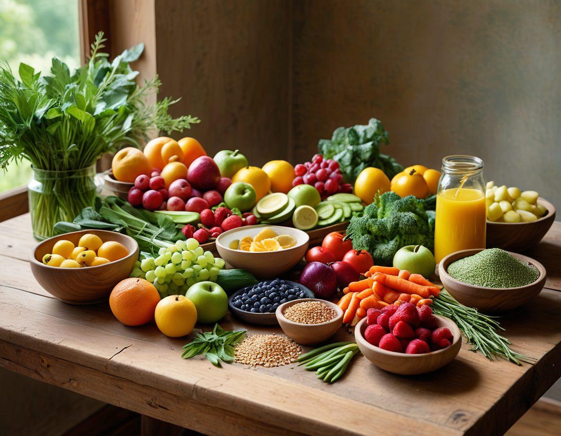 A serene scene depicting a vibrant food spread of fresh fruits, vegetables, and whole grains on a wooden table, with a gentle green backdrop symbolizing nature and wellness. Include subtle elements like herbs and a glass of water, suggesting hydration and vitality. Feature a warm sunlight illuminating the spread, creating a sense of calm and health. painting. vibrant colors. natural elements.