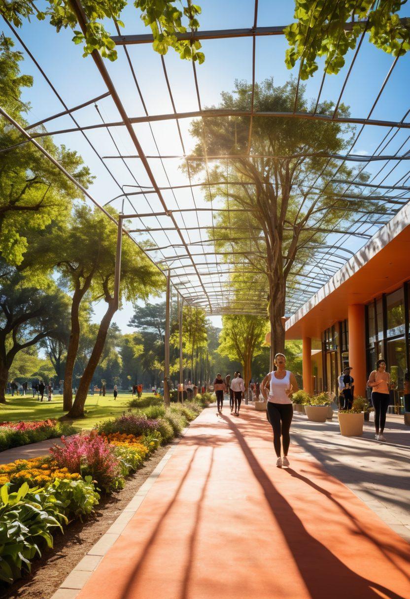 A tranquil scene showcasing a vibrant city park, filled with diverse people practicing wellness activities like yoga and jogging, with a backdrop of community health facilities. Incorporate elements like healthy food stalls and wellness workshops, while symbolizing the interconnection between public health and personal wellness through flowing lines or light. super-realistic. vibrant colors. bright blue sky.